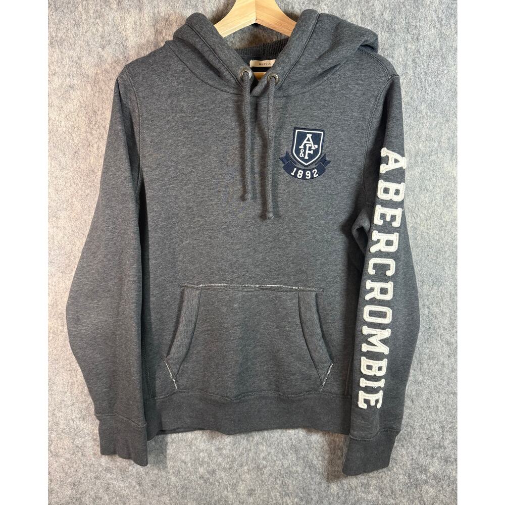 Y2K Abercrombie & Fitch Patch Muscle Pullover Hoodie Medium Gray Kangaroo Pocket